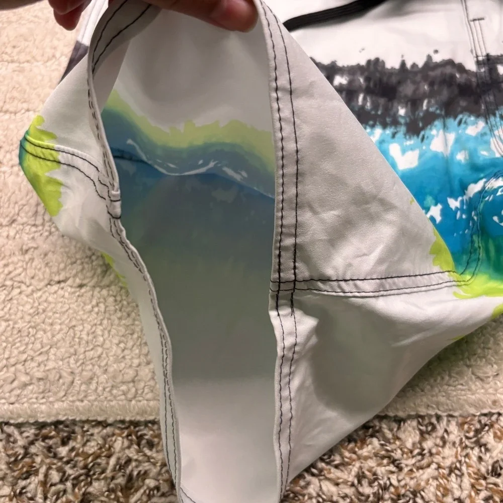 Burnside‎ Board Shorts Men 32 White Blue Tie Dye Stripe Stretch Swim Trunks NWT